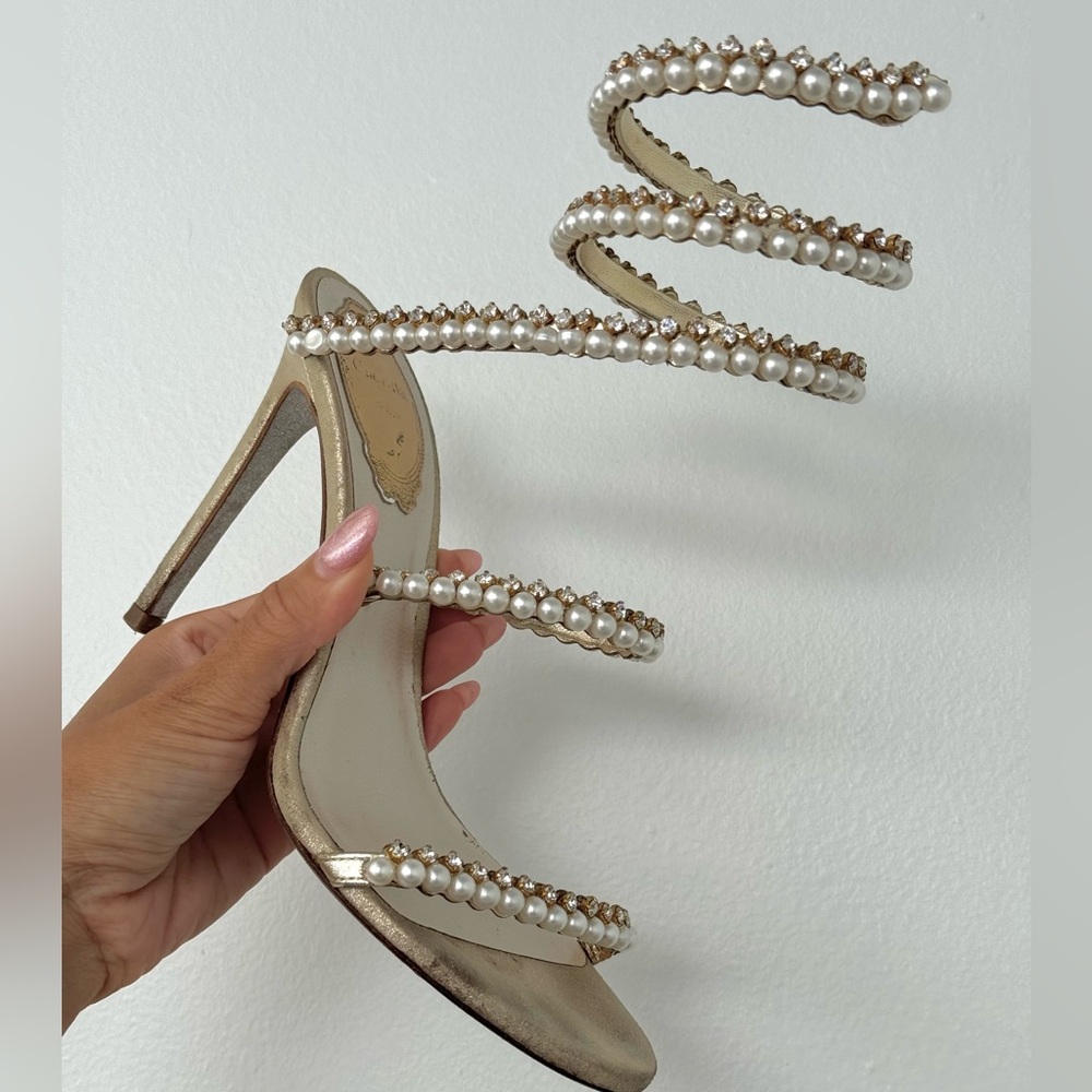 RENE CAOVILLA GOLD STILETTO HEEL SANDALS BETTIE